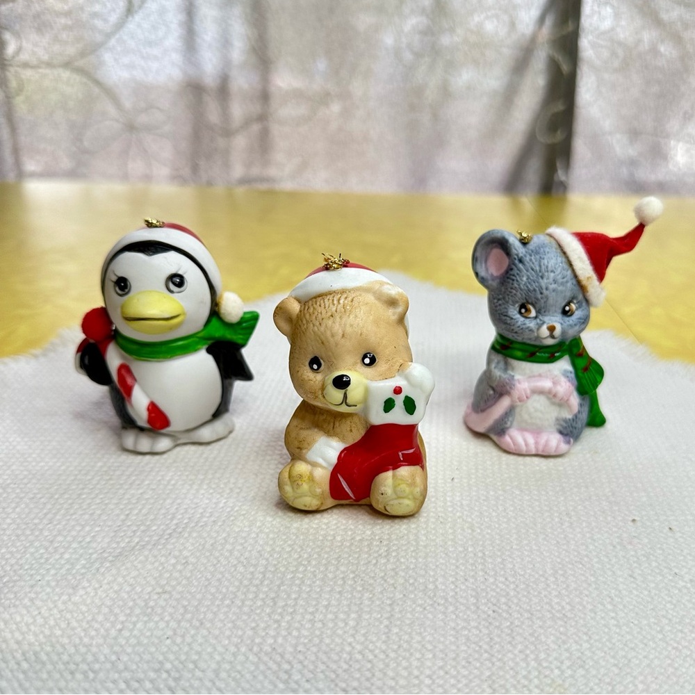 Set of Three Vintage Bell Christmas Ornaments by JSNY Taiwan Penguin Bear Mouse
